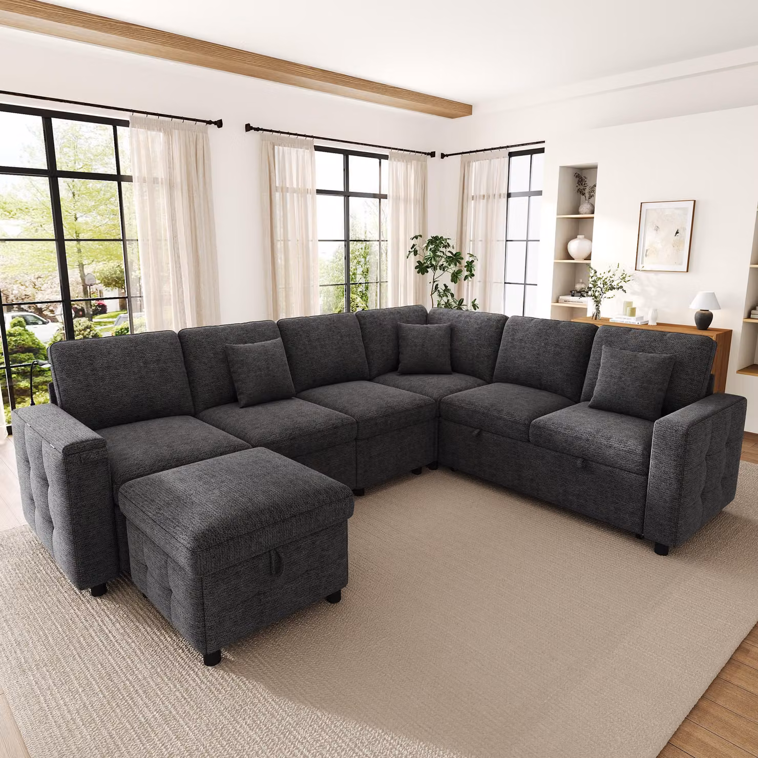 Divano ad angolo Merax a 7 posti a forma di L con funzione letto, salotto componibile, divano letto con vano portaoggetti, USB e Type-C, LED, tavolino, pouf, divano XXL, grigio