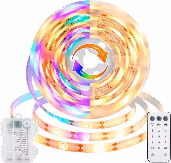 Set di strisce LED da 3 metri con 108 LED, 12 modalità, timer, telecomando, dimmerabile, alimentato a batterie (bianco caldo + RGB)