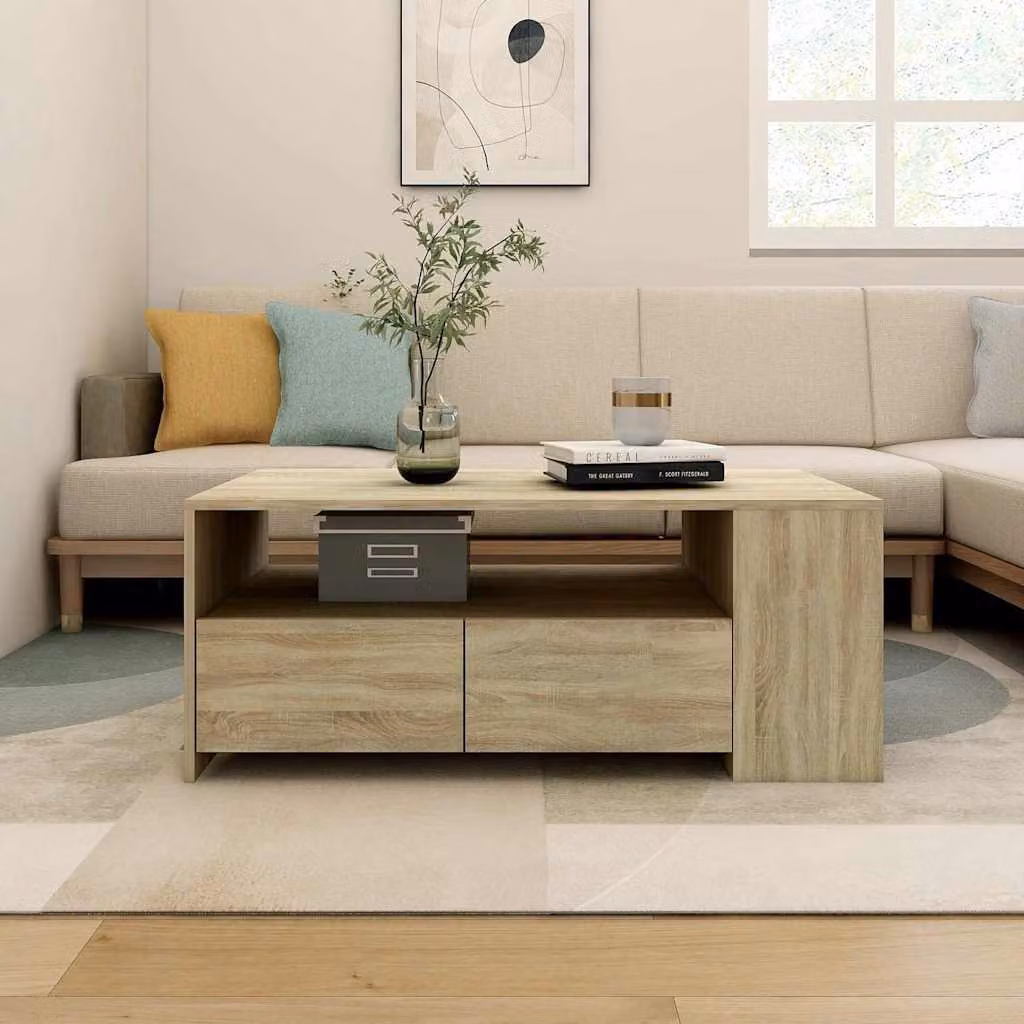 Tavolino da salotto moderno vidaXL in legno color rovere e beige, L 102 x P 55 x H 42 cm
