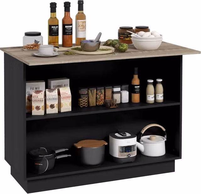 Isola per cucina EasyComfort con 2 ripiani aperti e 2 armadietti in MDF, L/P/H: 105 x 60 x 82 cm, colore Rovere e Nero