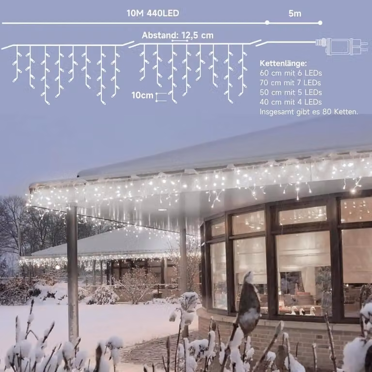 Illuminazione natalizia da esterno - Tenda luminosa a LED - 10 m - IP44 - 8 modalità - Timer - 31 V - Bianco