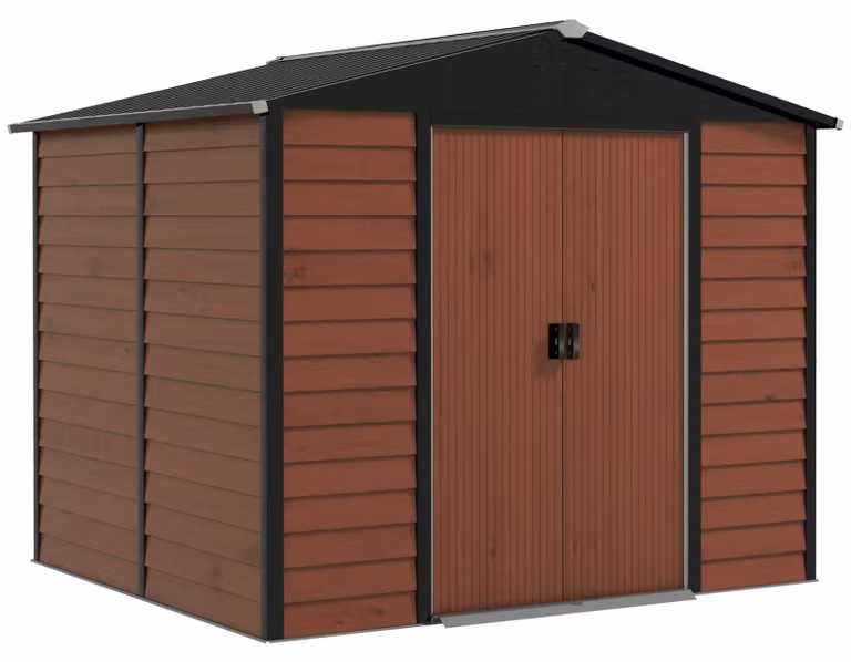 Capanno per attrezzi Moonbite, 4,4 m², con doppia porta chiudibile a chiave e 4 prese d'aria, in acciaio zincato, dimensioni 240x206x198 cm, finitura in teak