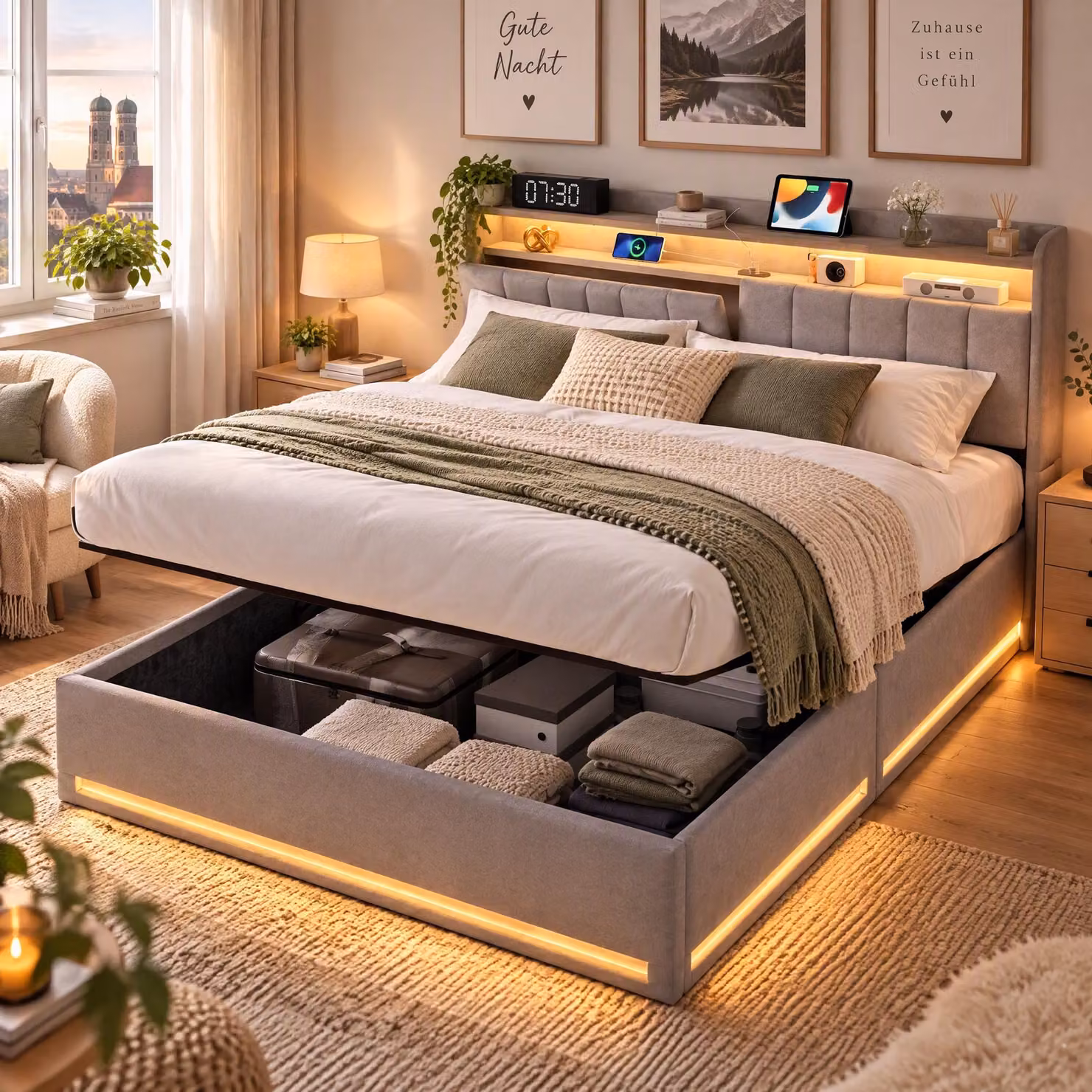 Letto imbottito 140x200 cm con contenitore, letto matrimoniale con illuminazione LED, poggiatesta con spazio contenitivo e prese USB, letto a molle con rete a listelli, rivestito in velluto, colore grigio (senza materasso)