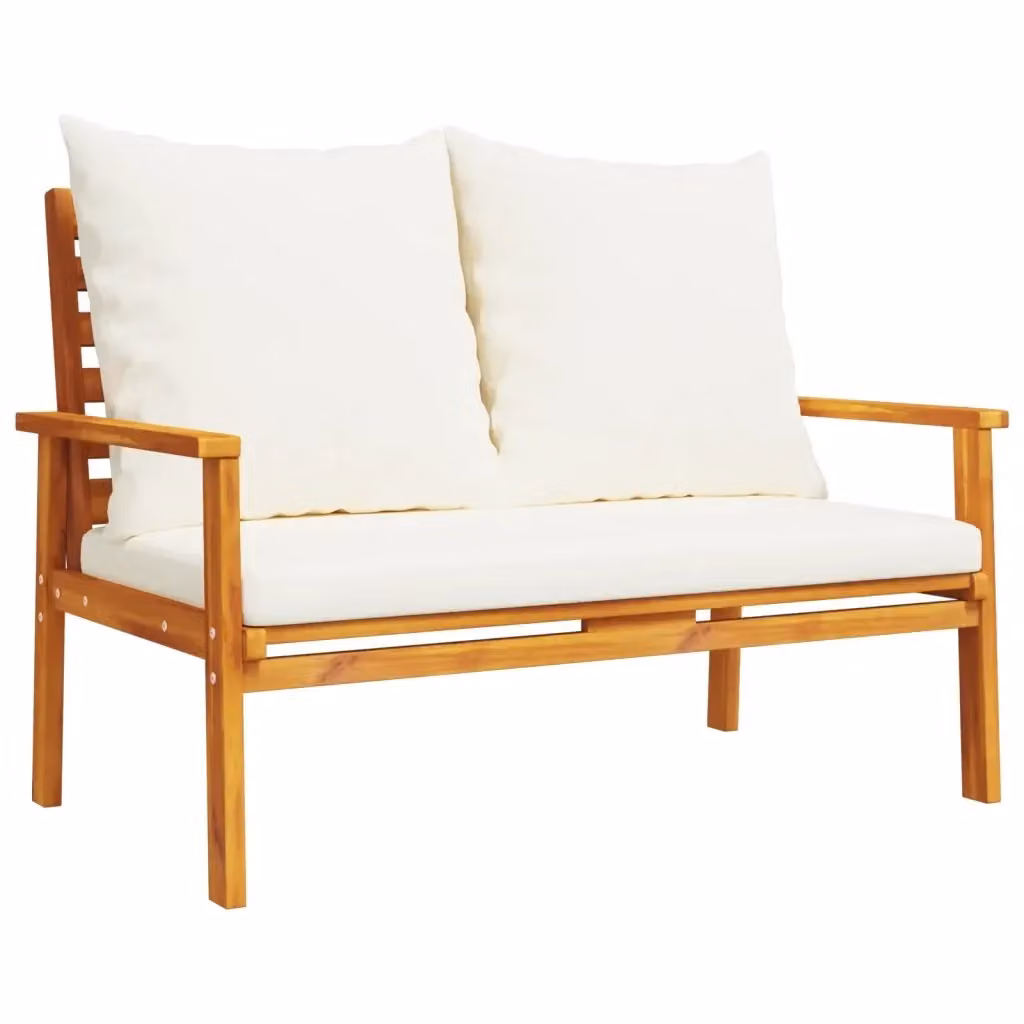 Panca da giardino moderna vidaXL in legno di acacia oliato con cuscini bianchi e braccioli L: 120 cm, P: 68 cm, H: 81 cm – 2
