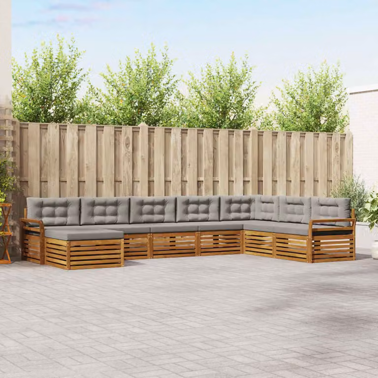 vidaXL Set di divani da esterno a L in legno di acacia con cuscini, 8 pezzi, Grigio e Marrone