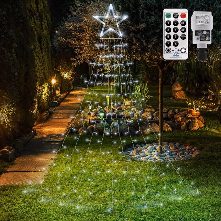 Tenda luminosa a forma di stelle, con 335 LED, 8 modalità, grado di protezione IP44, colore bianco