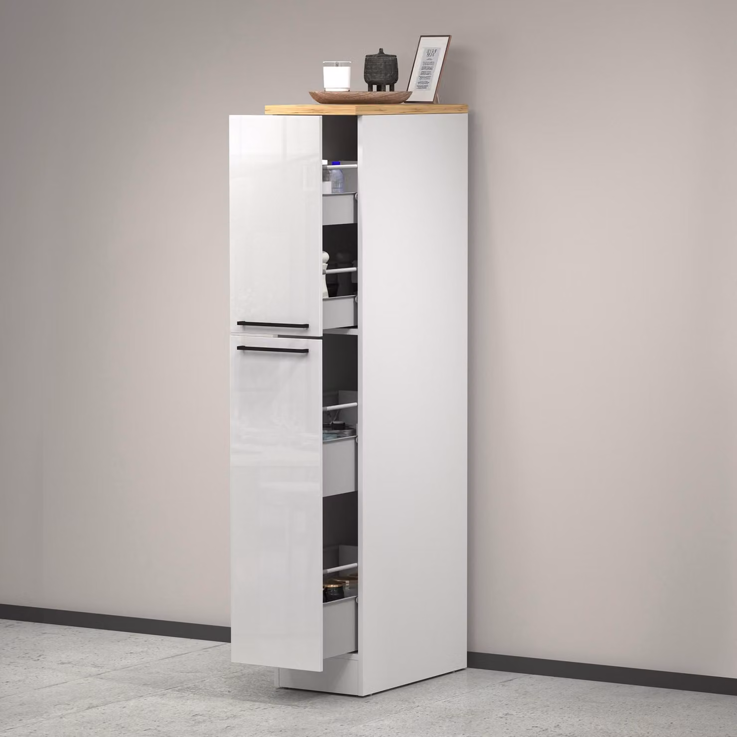 Dmora Dispensa da Cucina Atrax 60x30x165h cm Bianco Bianco Lucido, 2 Cassetti 4 Vani  Italy