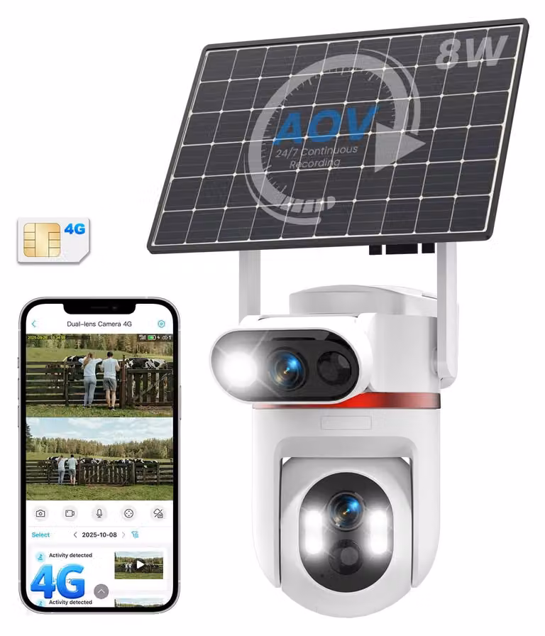 Telecamera di sicurezza esterna con pannello solare 4G - Doppia lente da 4MP - Batteria da 15800 mAh - Materiale plastico - Adatta per uso esterno e interno