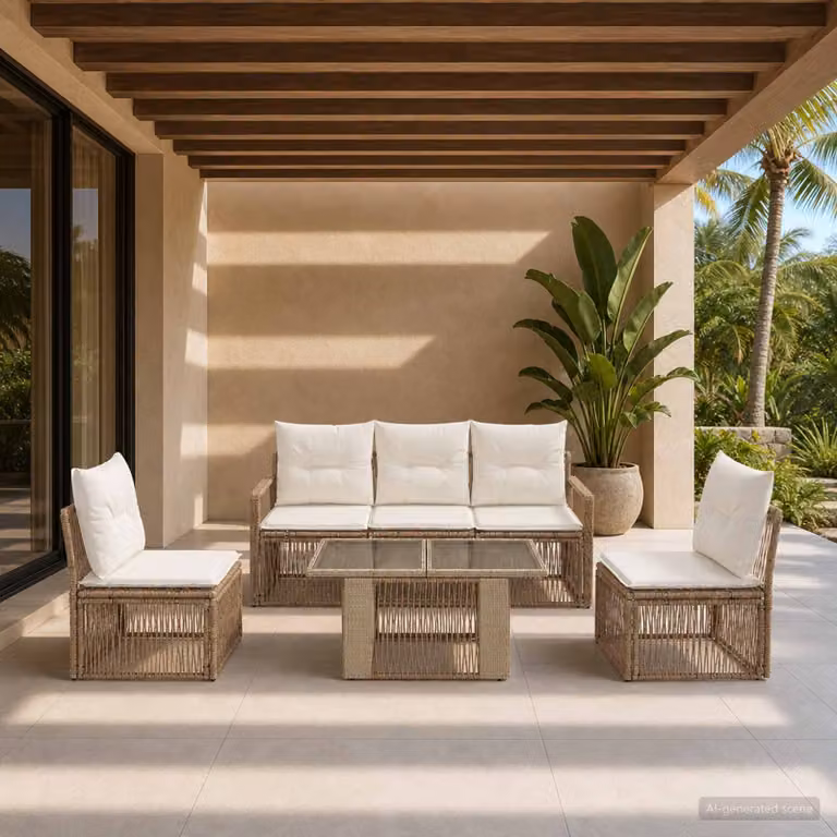 Set Divano da Giardino vidaXL 6 Pezzi in Polyrattan Beige e Bianco con Cuscini e Tavolino da Esterno
