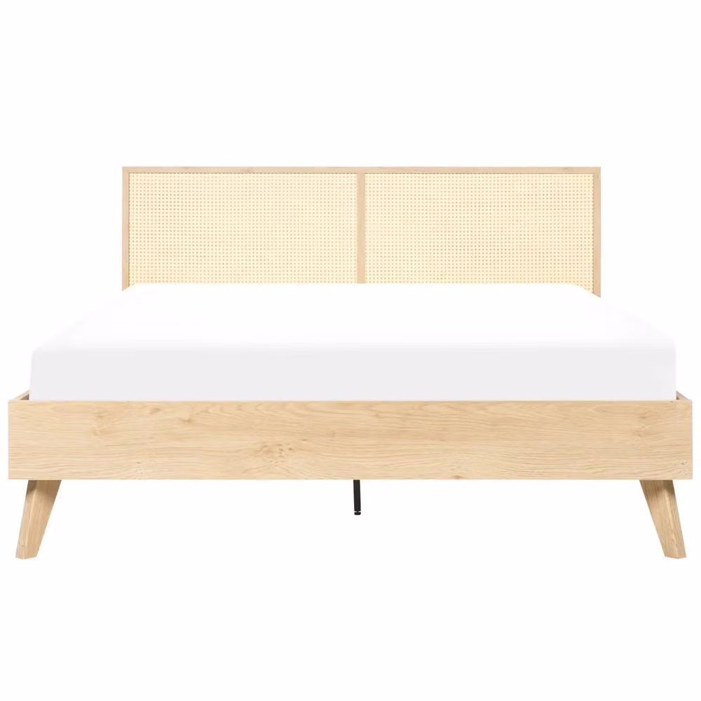 Letto matrimoniale Beliani in legno di pino con testiera in rattan stile boho, colore beige e marrone, L/P: 160 x 200 cm – 2