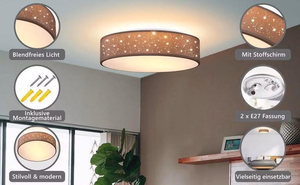 Lampada da soffitto, paralume in tessuto, 38 cm, tortora, attacco E27