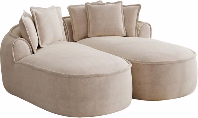 Divano modulare doppio in chenille color marrone chiaro con chaise longue profonda e design senza telaio