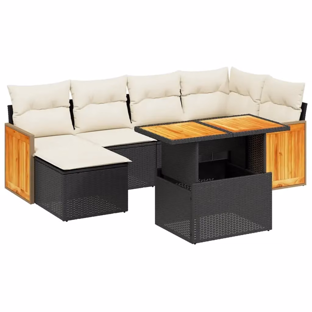 vidaXL Set Divani da Giardino a L con Cuscini 7pz in Polyrattan Nero e Legno di Acacia – 2