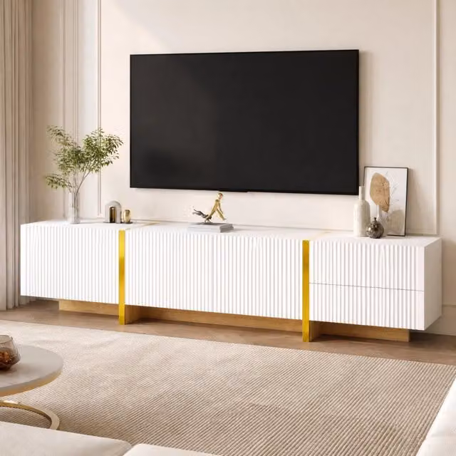 Mobile TV ULEVR 190x35x45 cm con 3 ante e 2 cassetti, MDF e pannello truciolare bianco, oro e venatura legno