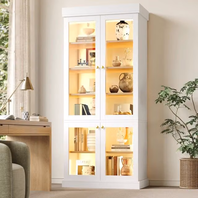 Vetrina alta LED con ripiani e doppio sistema antiribaltamento per casa, in MDF e vetro, bianca, 80 × 40 × 180 cm