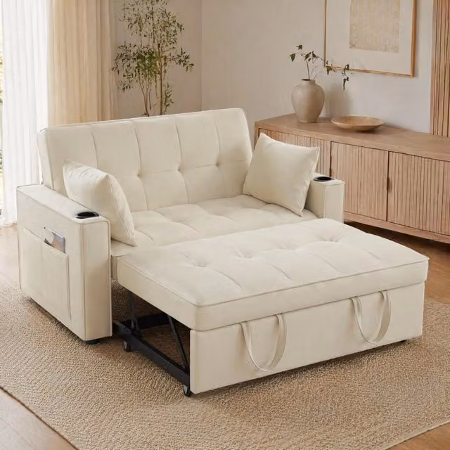 Divano letto MIVRAY a 2 posti in velluto beige con funzione letto e cassetto estraibile per soggiorno, L: 137 cm, P: 76.5 cm, H: 83 cm