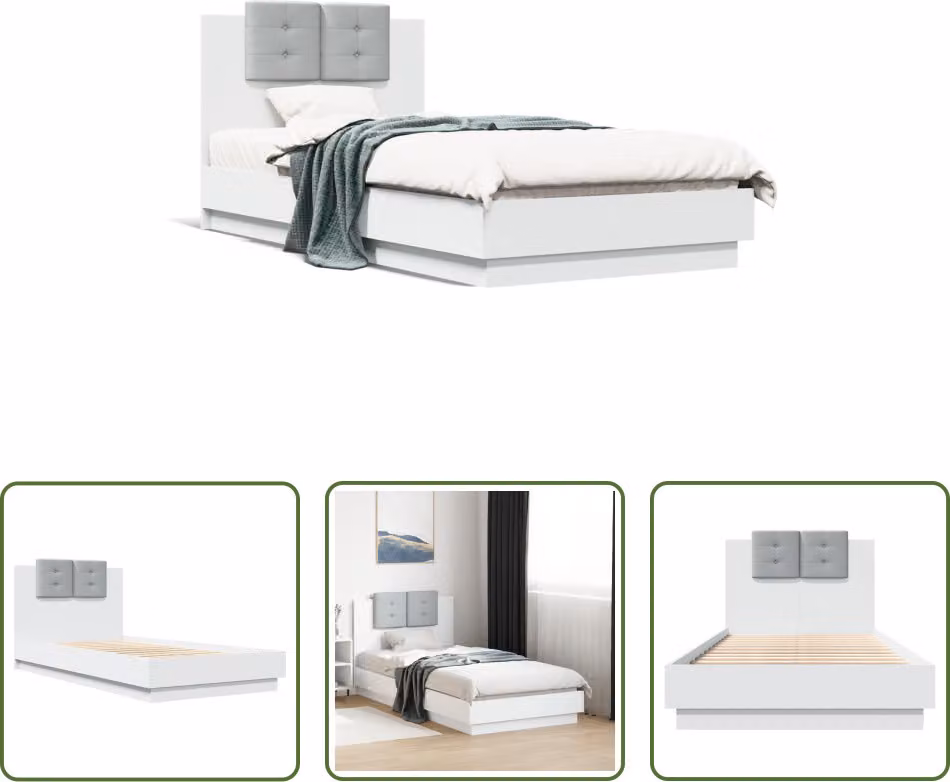 The Living Store Giroletto con testiera bianco 90x190 cm in materiale ligneo