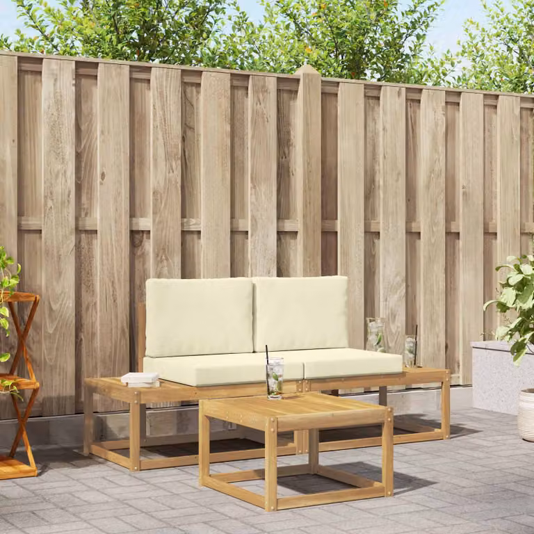 Set da giardino moderno vidaXL composto da divano a 2 posti e tavolino da caffè in legno di acacia con cuscini inclusi, colori bianco, beige e marrone