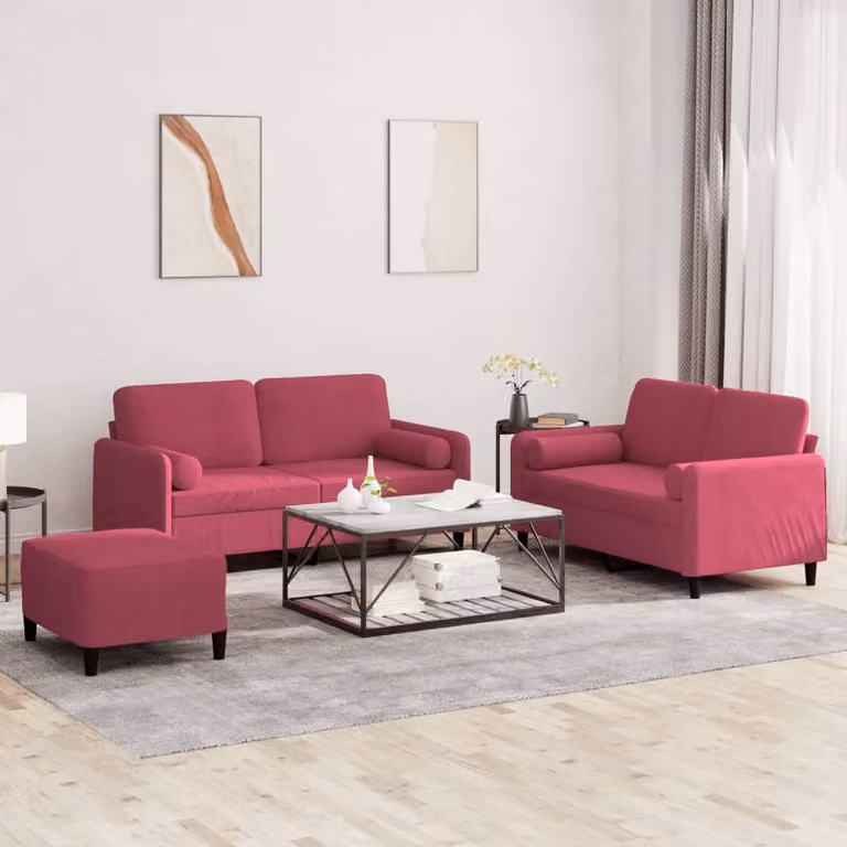 vidaXL Set di Divani 3 Pezzi in Velluto Rosso con Cuscini e Struttura Imbottita Moderna