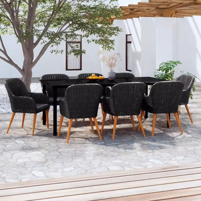Set da pranzo da giardino vidaXL in rattan e legno di acacia con piano in vetro e 9 cuscini, nero e grigio – 1