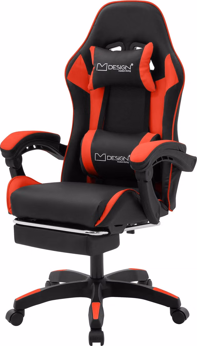 ML-Design sedia da gioco con poggiapiedi, Pelle finta nera-rossa, sedia da ufficio ergonomica con bracciolo poggiatesta cuscino lombare, sedia girevole regolabile