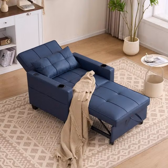 Poltrona letto 3 in 1 MIVRAY blu in ecopelle con schienale regolabile e struttura in legno e metallo per soggiorno o camera da letto