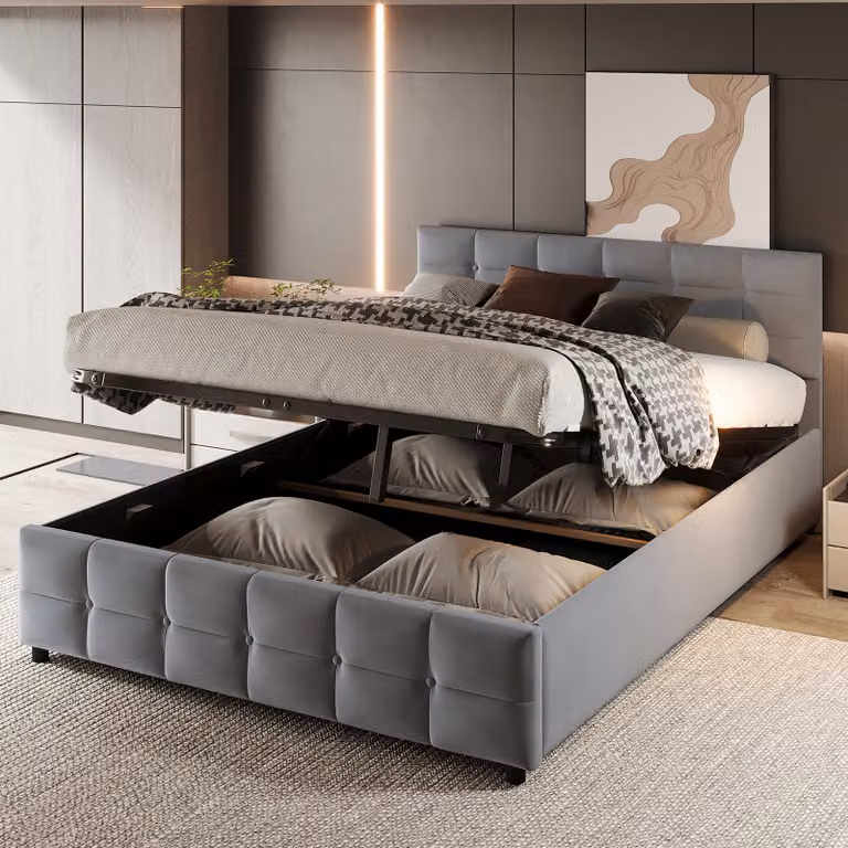 Letto boxspring MODFU, idraulico 180 x 200 cm, letto imbottito, letto matrimoniale funzionale, letto con cassetto, grigio (senza materasso)
