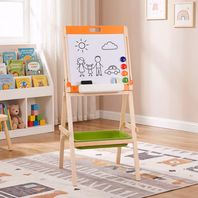 Cavalletto da disegno 2 in 1 Costway per bambini dai 3 anni in legno multicolore con lavagna bianca magnetica e altezza regolabile