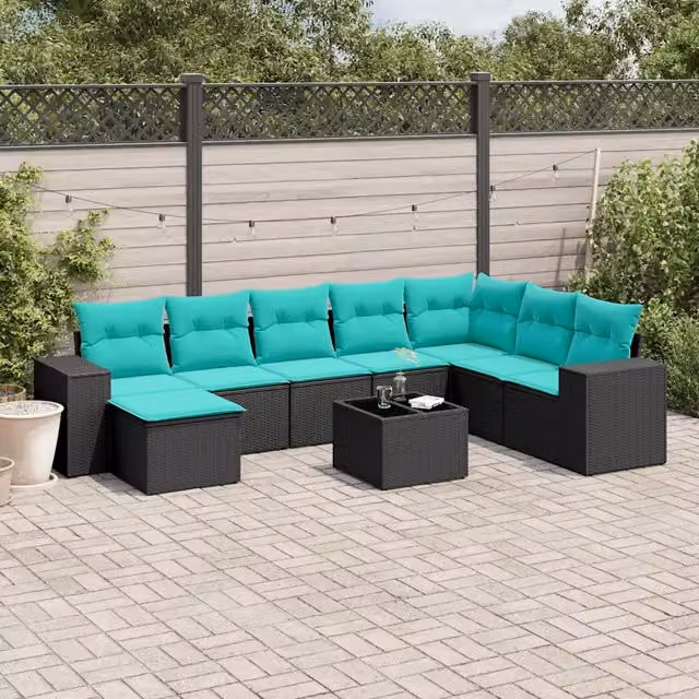 Set Divani da Giardino 9 pz con Cuscini Nero in Polyrattan 3222966