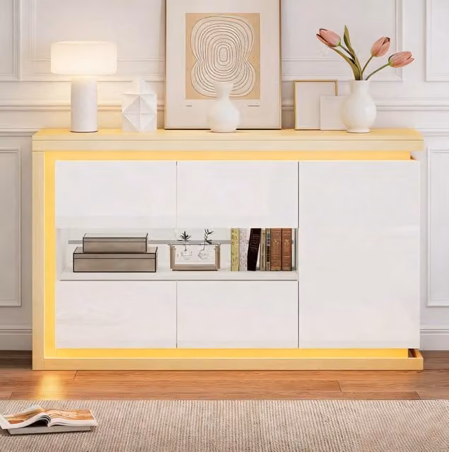 Mobile soggiorno bianco lucido con 3 ante in vetro temperato, LED integrati, 140x40x84 cm