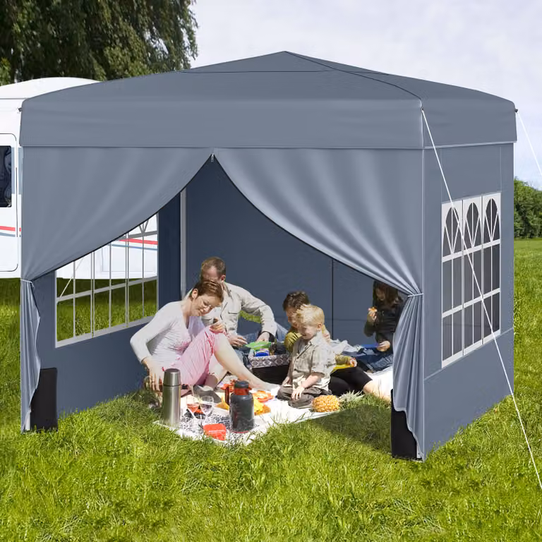 Gazebo da giardino pieghevole Costway con 4 pannelli laterali impermeabili e altezza regolabile, Grigio