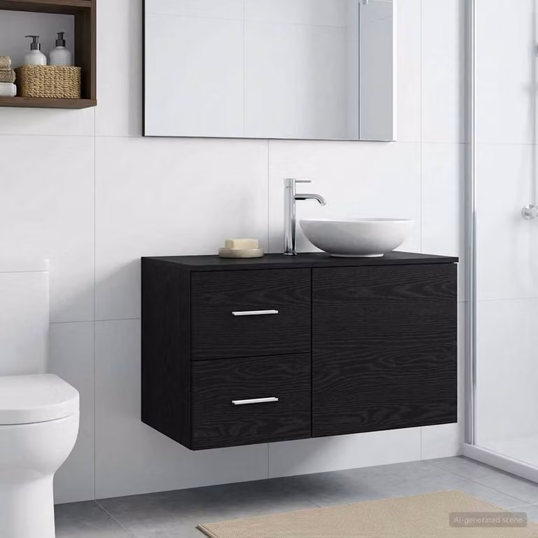 Armadio da bagno moderno vidaXL in legno Rovere Nero con ante e cassetti, L/P/H: 30 x 44,5 x 50 cm