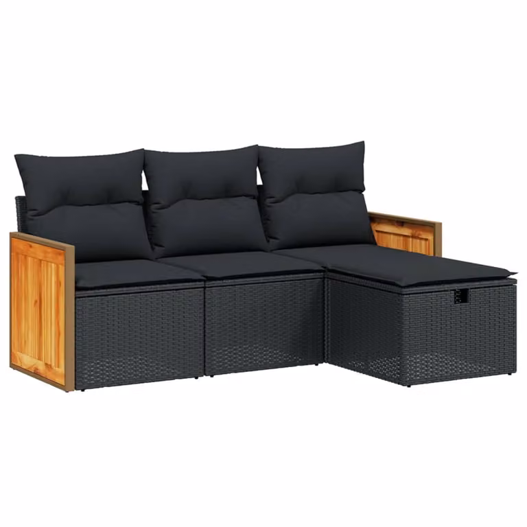 Set Divani da Giardino 4 pz con Cuscini Nero in Polyrattan