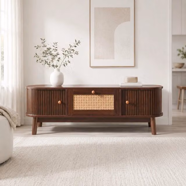 Tavolino da caffè 110 cm con rattan, ante scorrevoli e cassetti