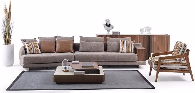 Exklusive Wohnzimmer Couchgarnitur Stoffsofa Holz Couchtisch Sideboard