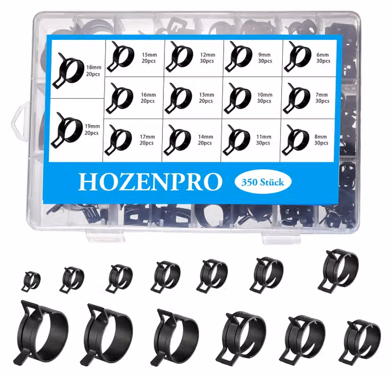 Set di fascette stringitubo, 350 pezzi, da 6 a 19 mm, 14 dimensioni, in acciaio armonico