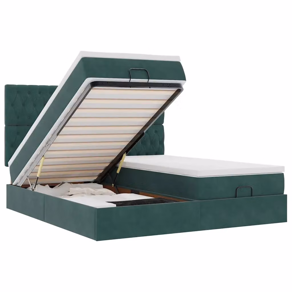 Letto con contenitore a sollevamento vidaXL in velluto verde e bianco con illuminazione sottostante e porta USB L/P/H: 203 x 200 x 280 cm – 2