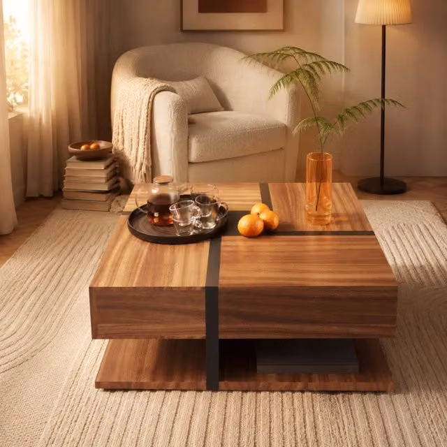 Tavolino quadrato con 4 cassetti, design a linee e colore unici, 78x78x36 cm, struttura in truciolare nero e legno