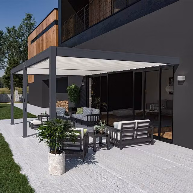 Pergola bioclimatica addossata Ombréa VS bicolore con 2 tende bianche L: 6 m, P: 4 m, H: 2,57 m