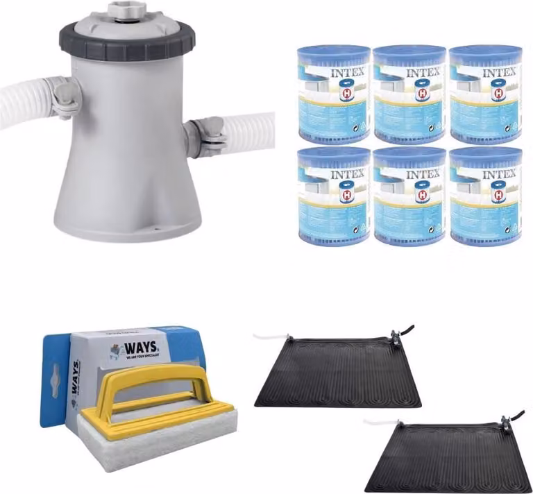 WAYS - Cura della piscina - 2x riscaldatore per piscina e pompa filtro 1250 L/u & 6 filtri tipo H & spazzola WAYS per il lavaggio