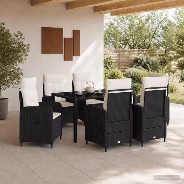 Set da pranzo per esterni vidaXL in polyrattan da 7 pezzi con tavolo in vetro nero e bianco crema – 1