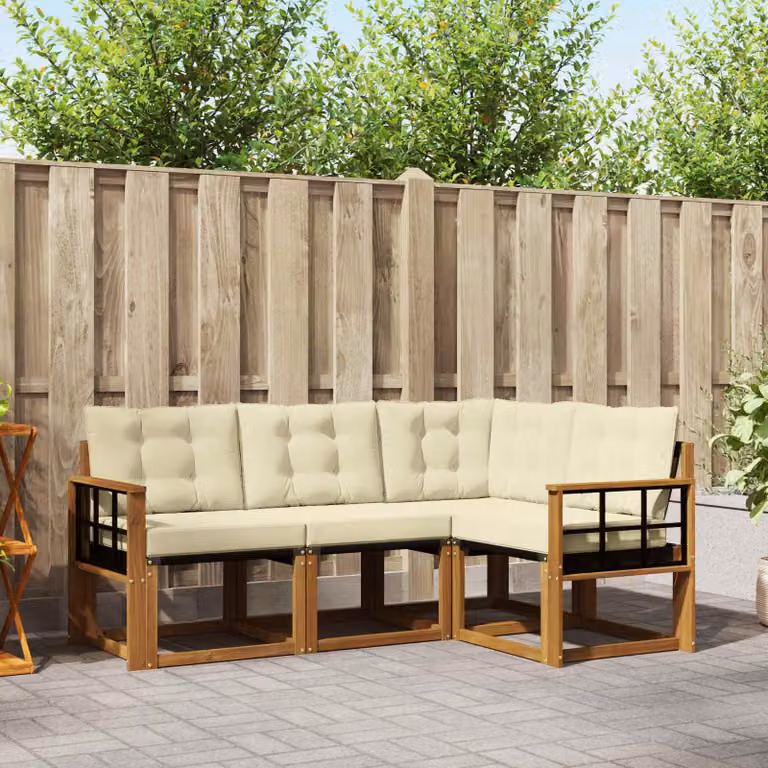 Set di divani da esterno vidaXL a forma di L composto da 4 pezzi in legno di acacia trattato e tessuto textilene, colori beige, bianco e marrone, con cuscini inclusi