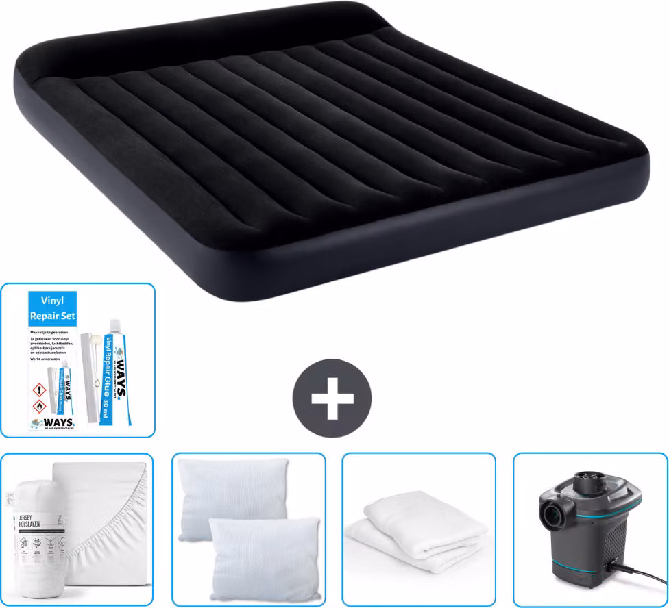 Lettino Intex - 2 persone - 183 x 203 x 25 cm - Blu scuro - Consegna inclusa Lenzuolo di ricambio - Bacio - Pompa - Set di riparazione e protezione per il cuscino