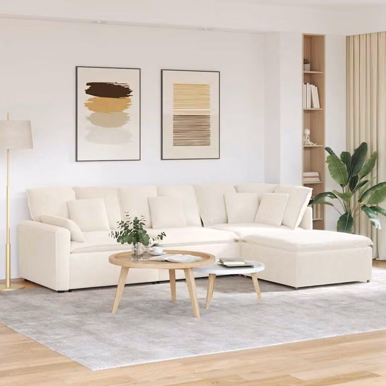 vidaXL Divano Modulare a L con Poggiapiedi e Cuscini, Rivestimento in Tessuto Beige, Struttura in Metallo e Legno