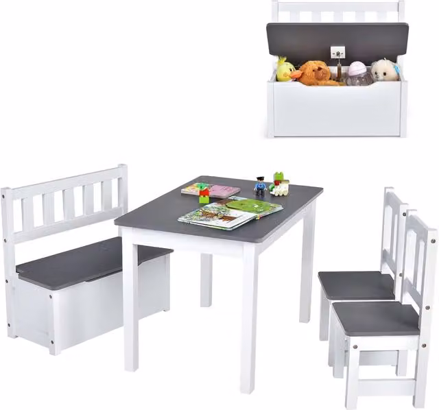 Set da attività per bambini Costway in legno con tavolo rettangolare, 2 sedie e 1 panca, colore grigio e bianco