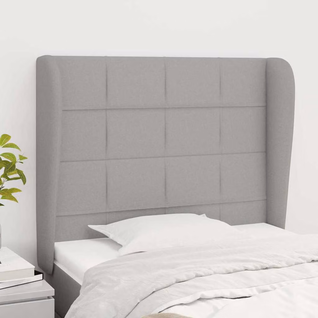 Testiera ad orecchio vidaXL in tessuto grigio chiaro con struttura in legno di larice, L: 93 cm, P: 23 cm, H: 118-128 cm