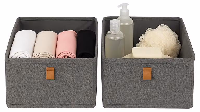 Hausleben® Set di 2 scatole portaoggetti pieghevoli – Dimensioni: 30x30x15 cm – Scatole organizer rinforzate in poliestere di lino – Scatole contenitore per abbigliamento, asciugamani e accessori – Colore: grigio