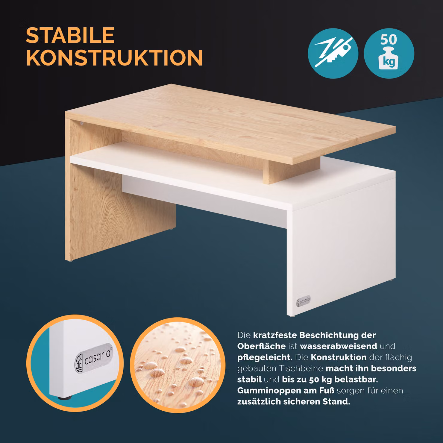 Tavolino Sacramento CASARIA bianco e quercia con meccanismo sollevabile L: 95 cm, P: 55 cm, H: 50 cm – 4
