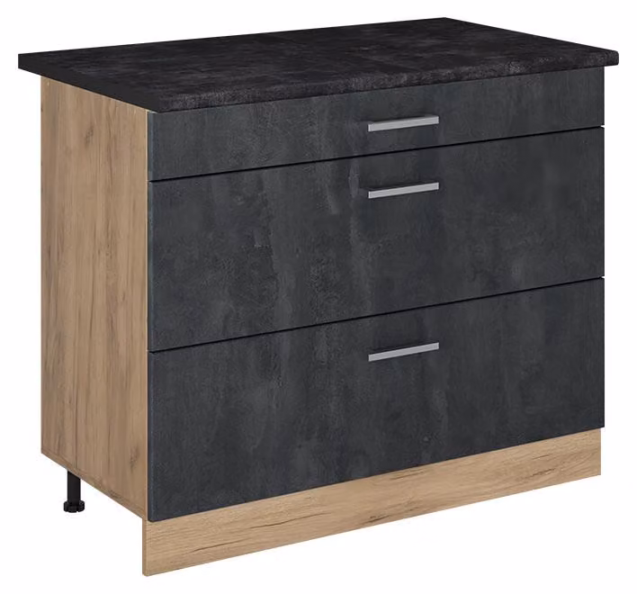 Mobiletto base per cucina Vicco R-Line Calce nera/Rovere dorato 100 cm piano di lavoro Antracite, Model 71636