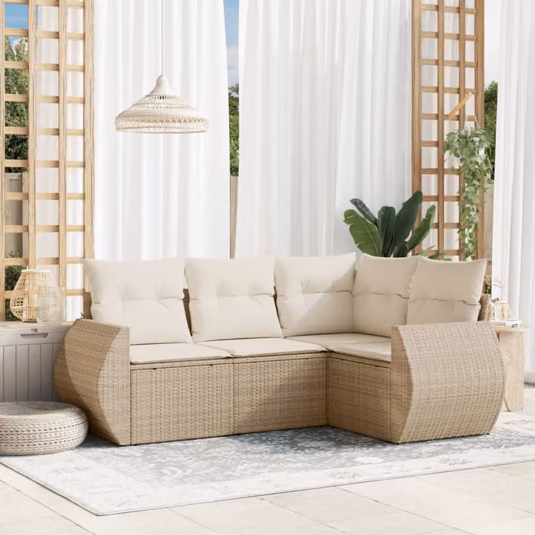 vidaXL Set Divano da Giardino a L 4 pz in Polyrattan con Cuscini Beige e Struttura in Metallo